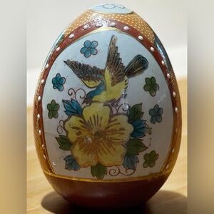 Cloisonné-Style Hand-Painted Decorative Ceramic Egg with Bird & Floral Motif